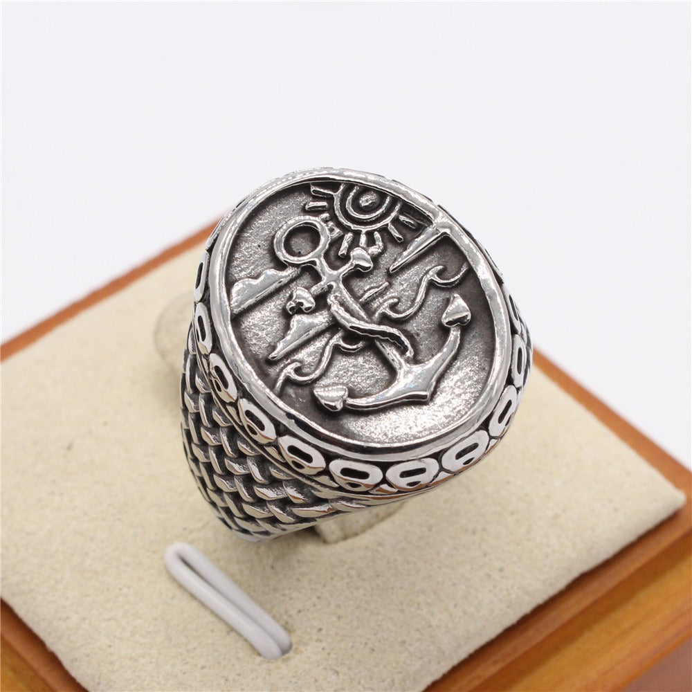 Kemstone Anchor Signet Ring for Men Titanium Steel Textured Sides R1283