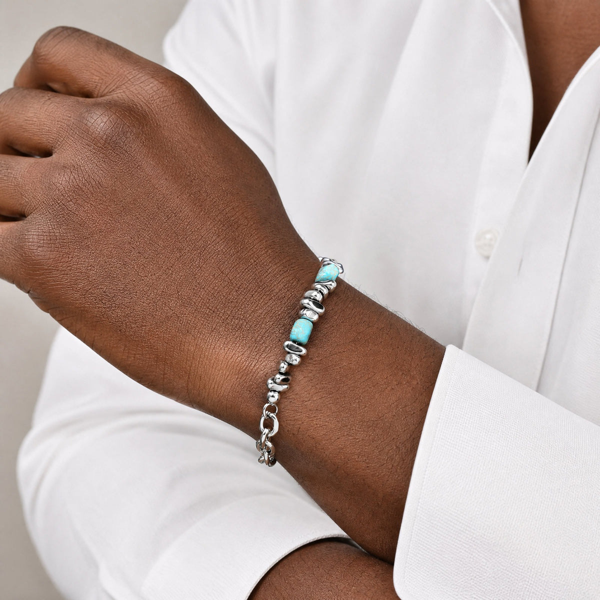 Kemstone Nugget Bead & Chain Bracelet for Men Stainless Steel BR-3284