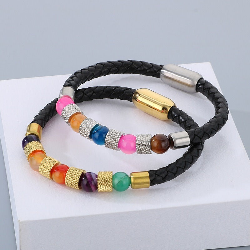 Kemstone Braided Faux Leather Quartz Bead Bracelet for Men KB179957-YA