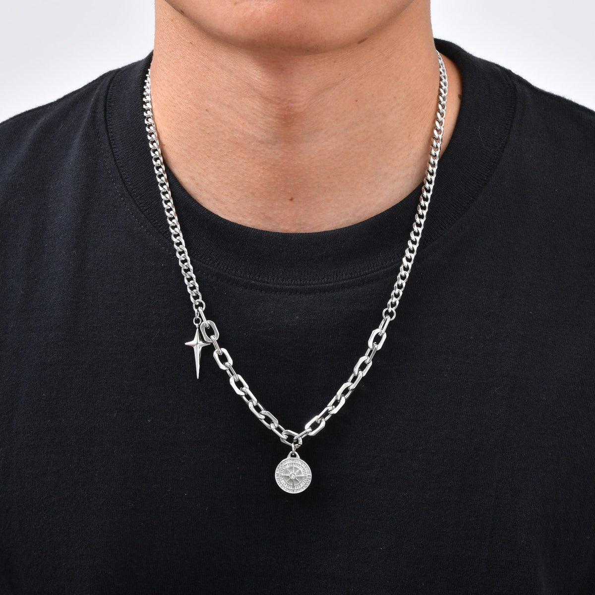 Kemstone Compass Necklace for Men Stainless Steel Mixed Link NC-3281
