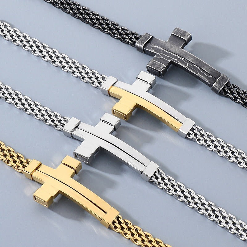 Kemstone Woven Chain Cross Bracelet for Men Titanium Steel KB213351-KFC