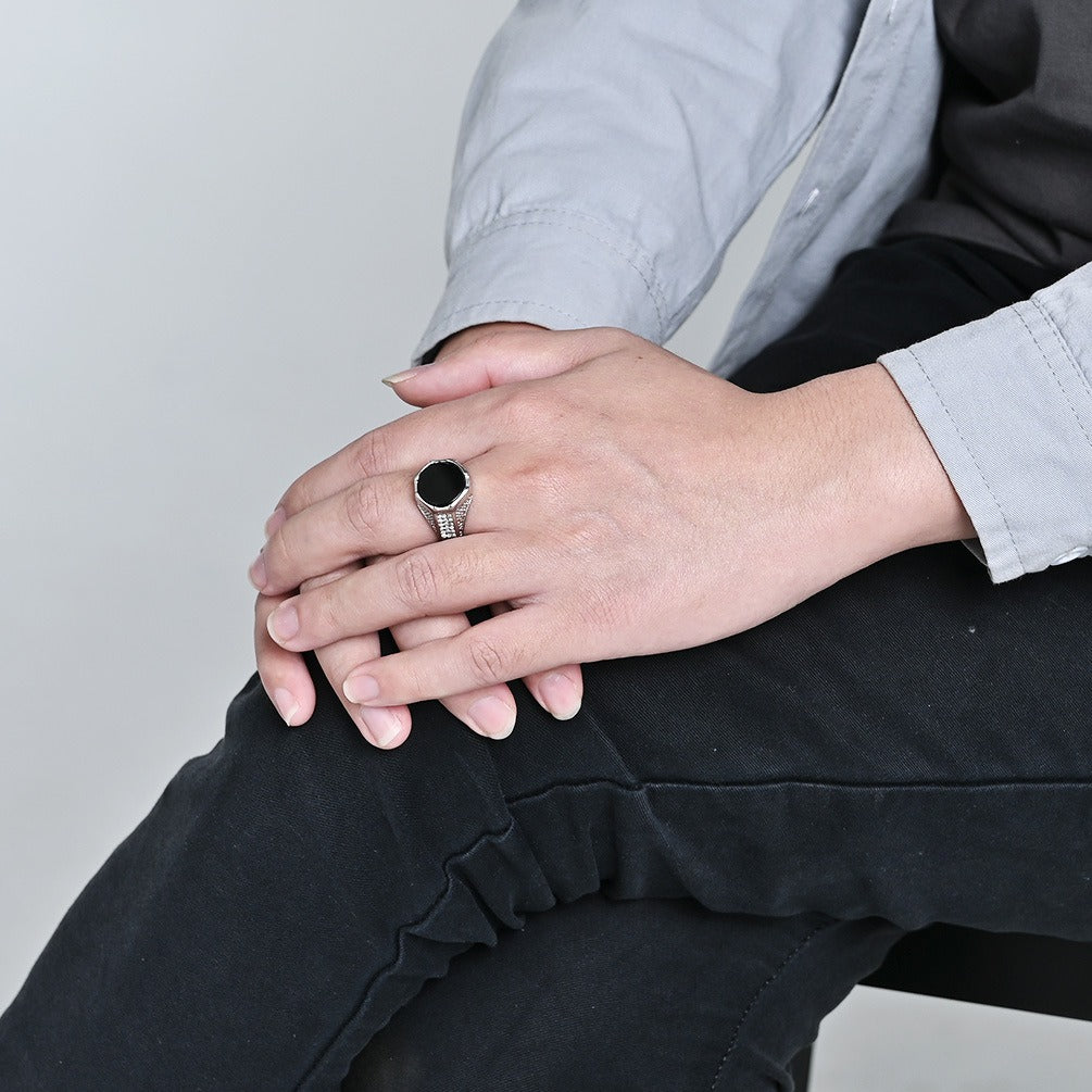 Kemstone Black Stone Ring for Men Stainless Steel Side Accents K-R986