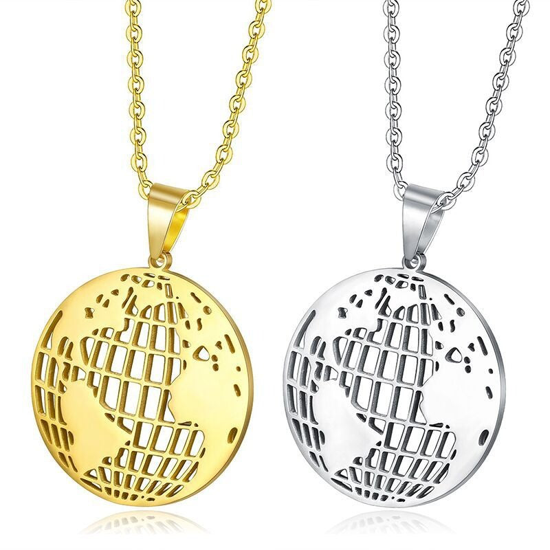 Kemston World Map Pendant Necklace for Men 316L Stainless Steel Openwork TN0186