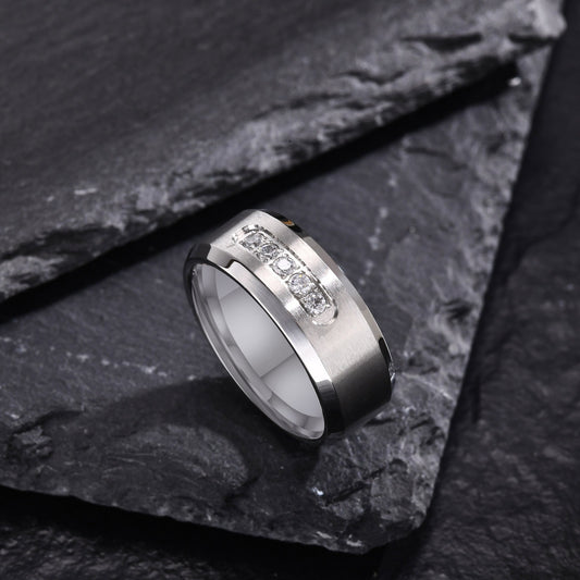 Kemstone Brushed Stainless Steel Ring with Channel Set Cubic Zirconia – 8mm Band for Men R-695