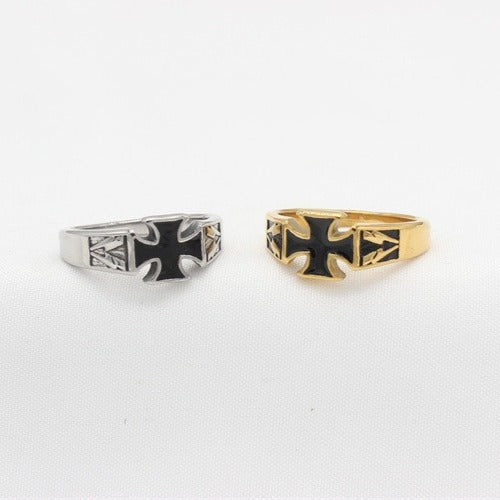 Kemstone Black Cross Ring for Men Titanium Steel Vintage Engraved R1823