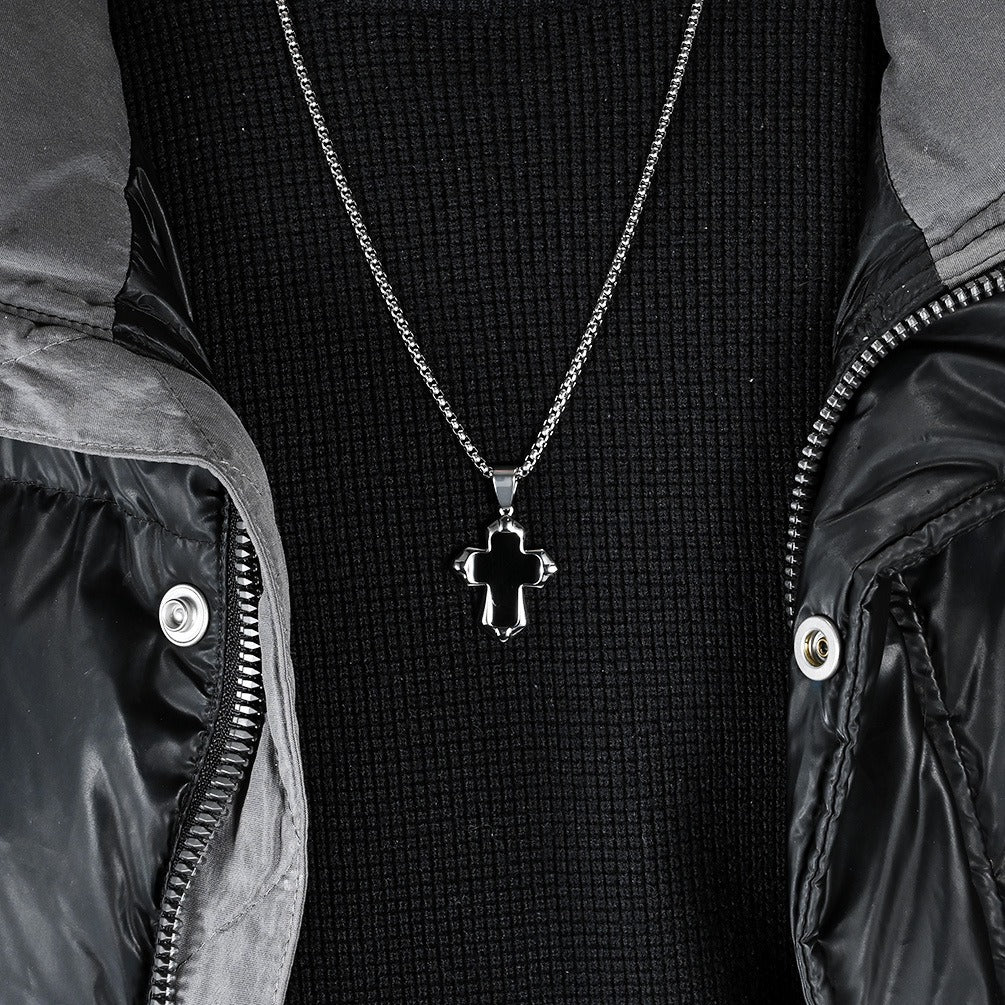 Kemstone Black Enamel Cross Necklace for Men Stainless Steel Faceted Edge K-PT560