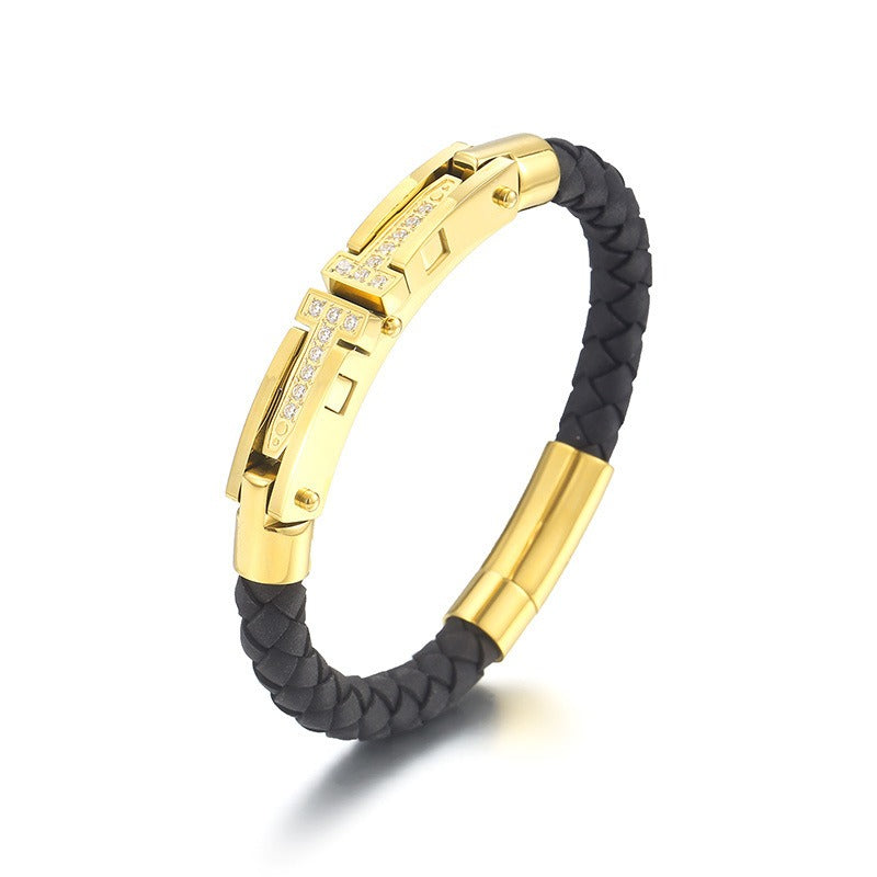 Kemston T-Bar Braided Leather Bracelet for Men Titanium Steel Stone Accent Gold Silver KB163596-KFC