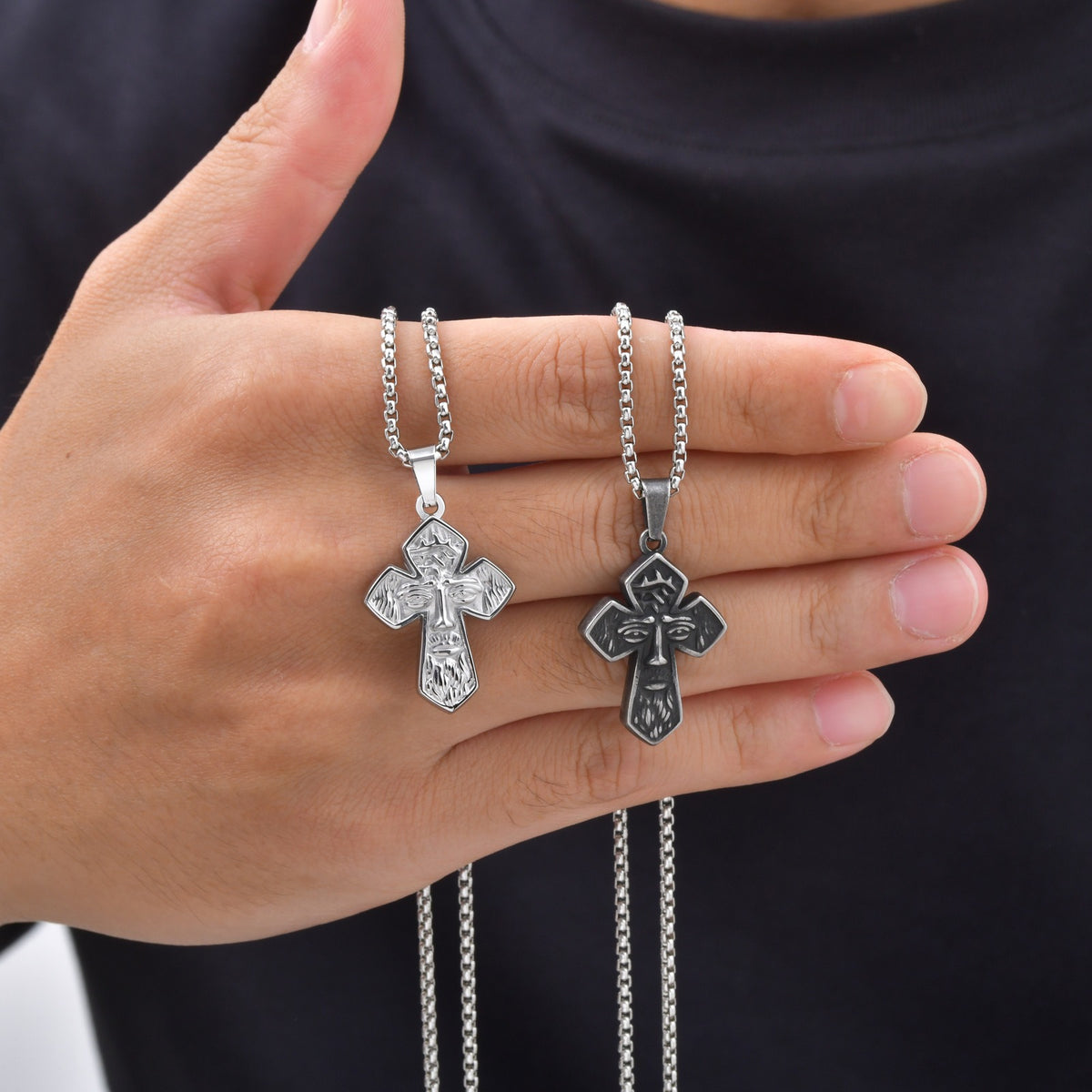 Kemstone Face Relief Cross Pendant Necklace for Men Stainless Steel Vintage PN-2429