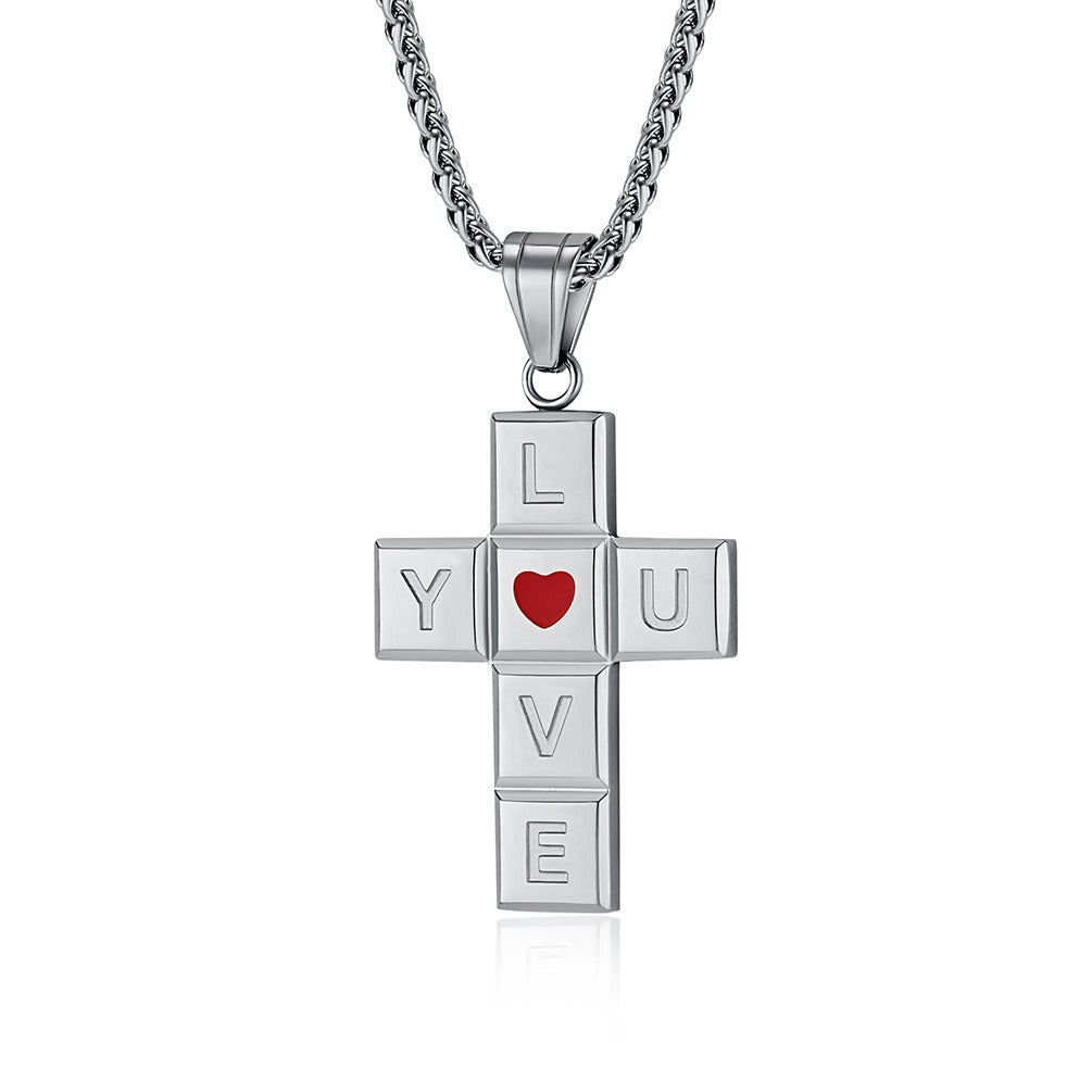 Kemstone Love Heart Cross Pendant Necklace for Men Stainless Steel K-PT554