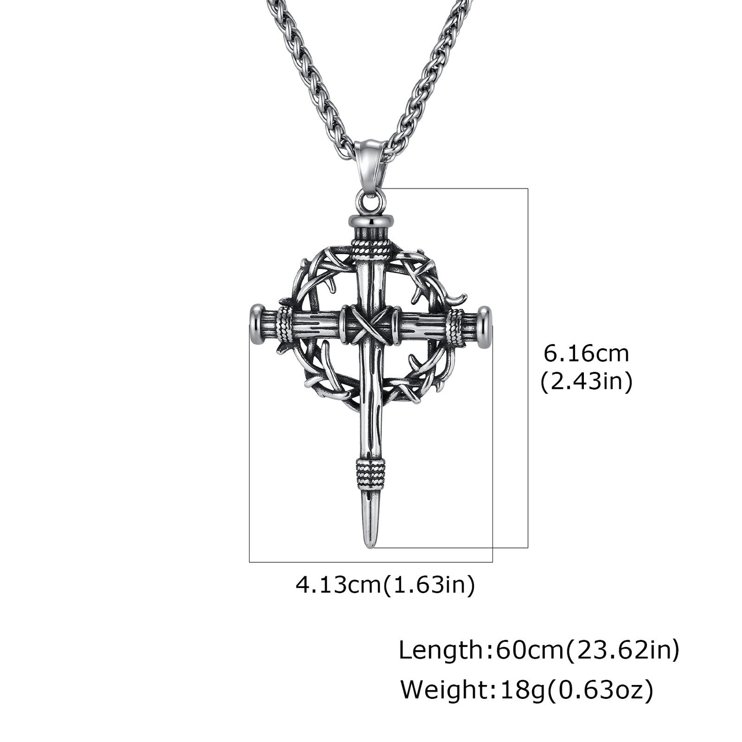 Kemston Thorn-Wrapped Gothic Cross Necklace for Men Stainless Steel Vintage Silver PN-2463S