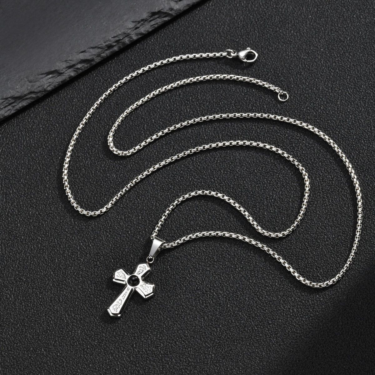 Kemstone Black Agate Cross Pendant Necklace for Men Stainless Steel Punk Style PN-2430