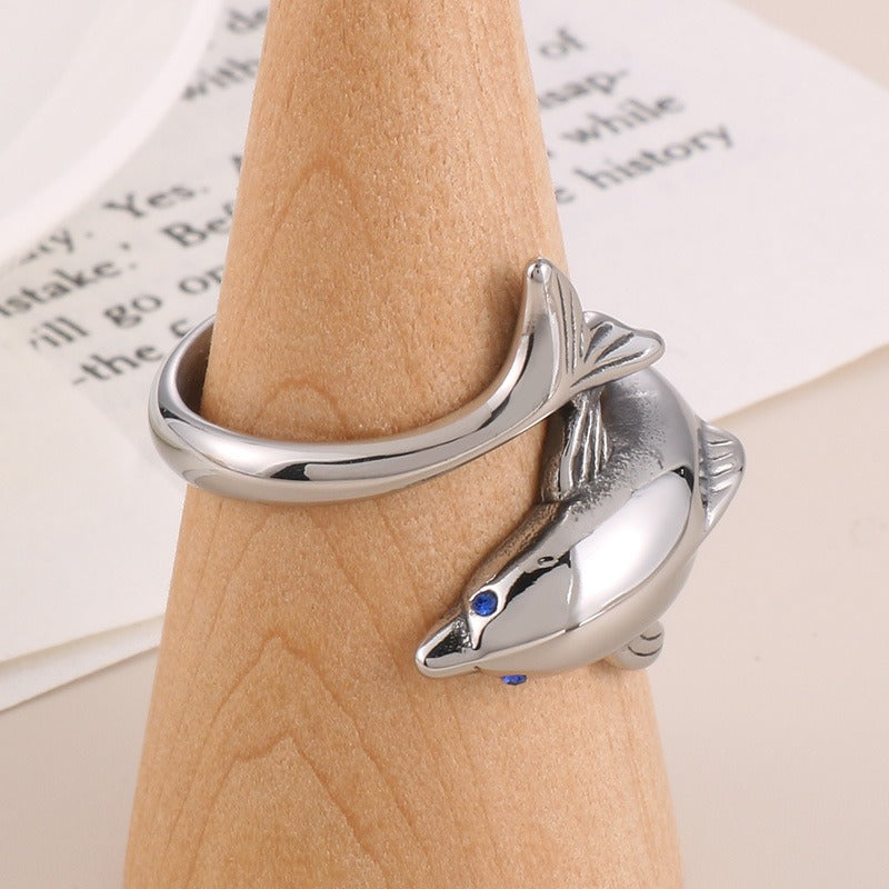 Kemstone Dolphin Ring for Men Titanium Steel Blue Eye Ocean Design KR104181-BDJX