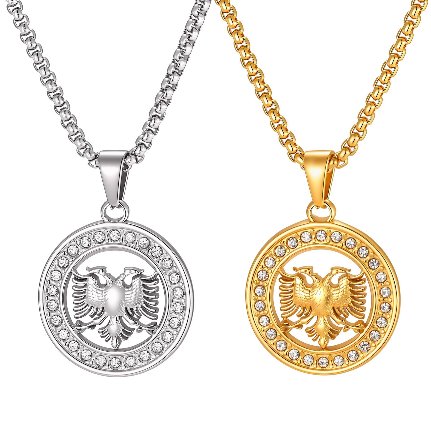 Kemstone Double Headed Eagle Pendant Necklace for Men Stainless Steel Round Medallion PN-2427