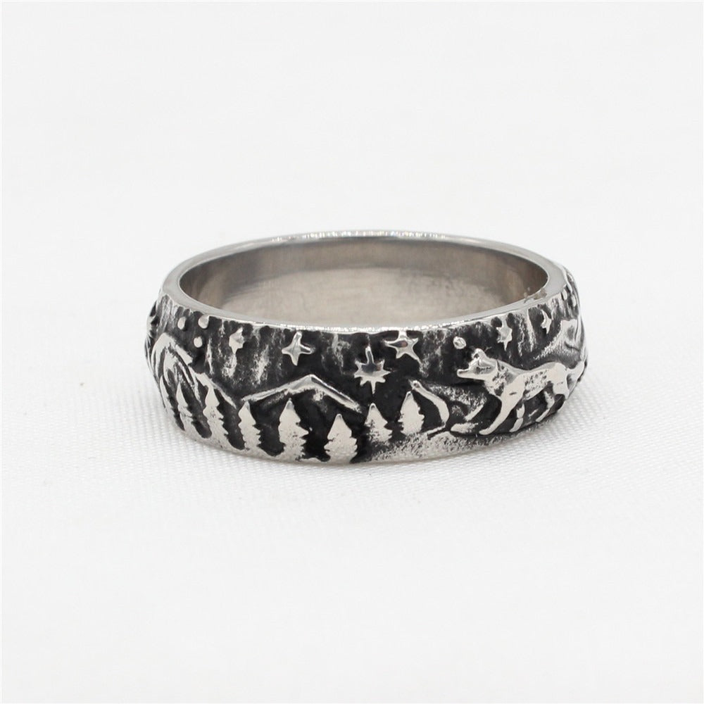 Kemstone Engraved Wolf Ring for Men Titanium Steel Mountain Forest R1679