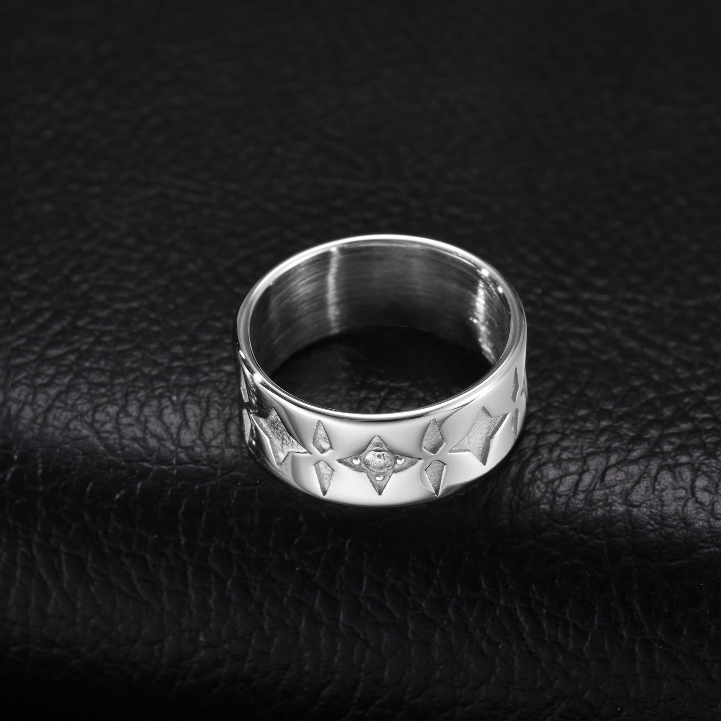Kemstone Four Point Star Ring for Men Stainless Steel White Cubic Zirconia Wide Band RC-1117