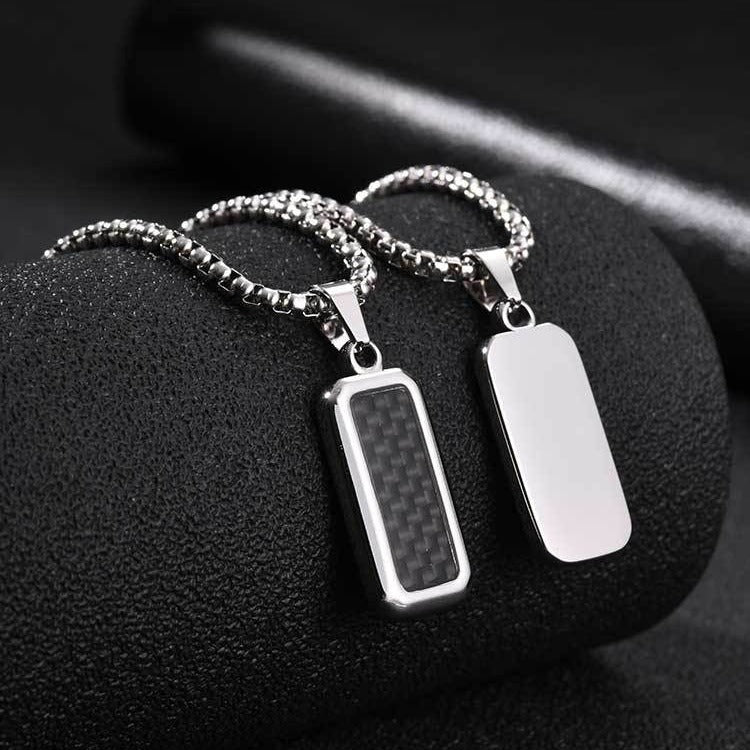 Kemston Carbon Fiber Pendant Necklace for Men Stainless Steel Black Rectangle Design PN-2319