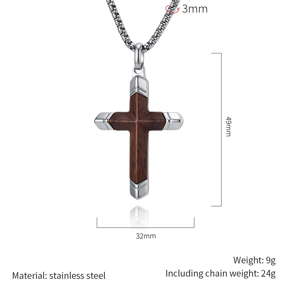 Kemstone Wood Cross Necklace for Men Stainless Steel Metal Accent Pendant K-PT736