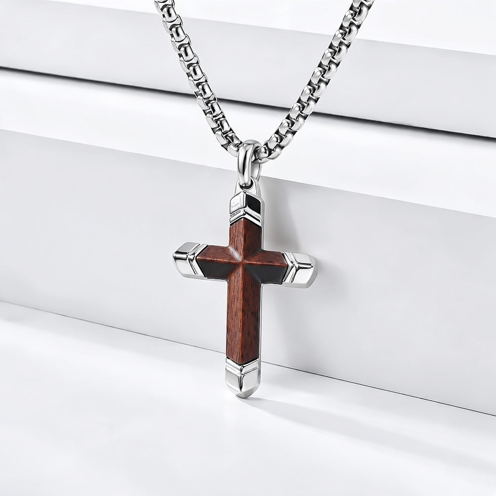 Kemstone Wood Cross Necklace for Men Stainless Steel Metal Accent Pendant K-PT736