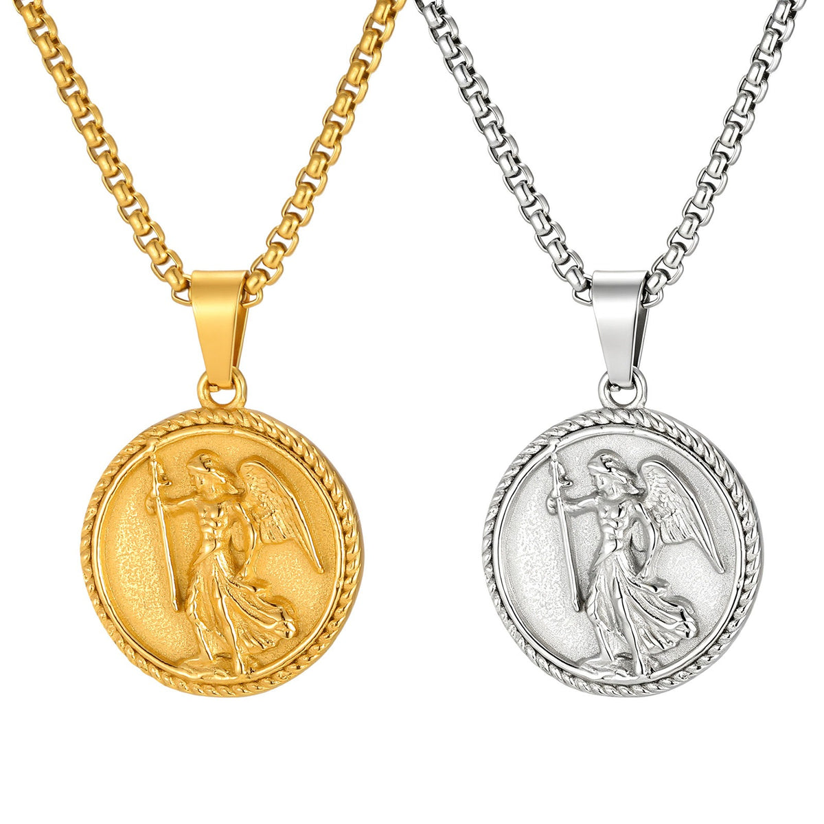 Kemston Winged Figure Medallion Necklace for Men Stainless Steel Gold Silver PN-2424