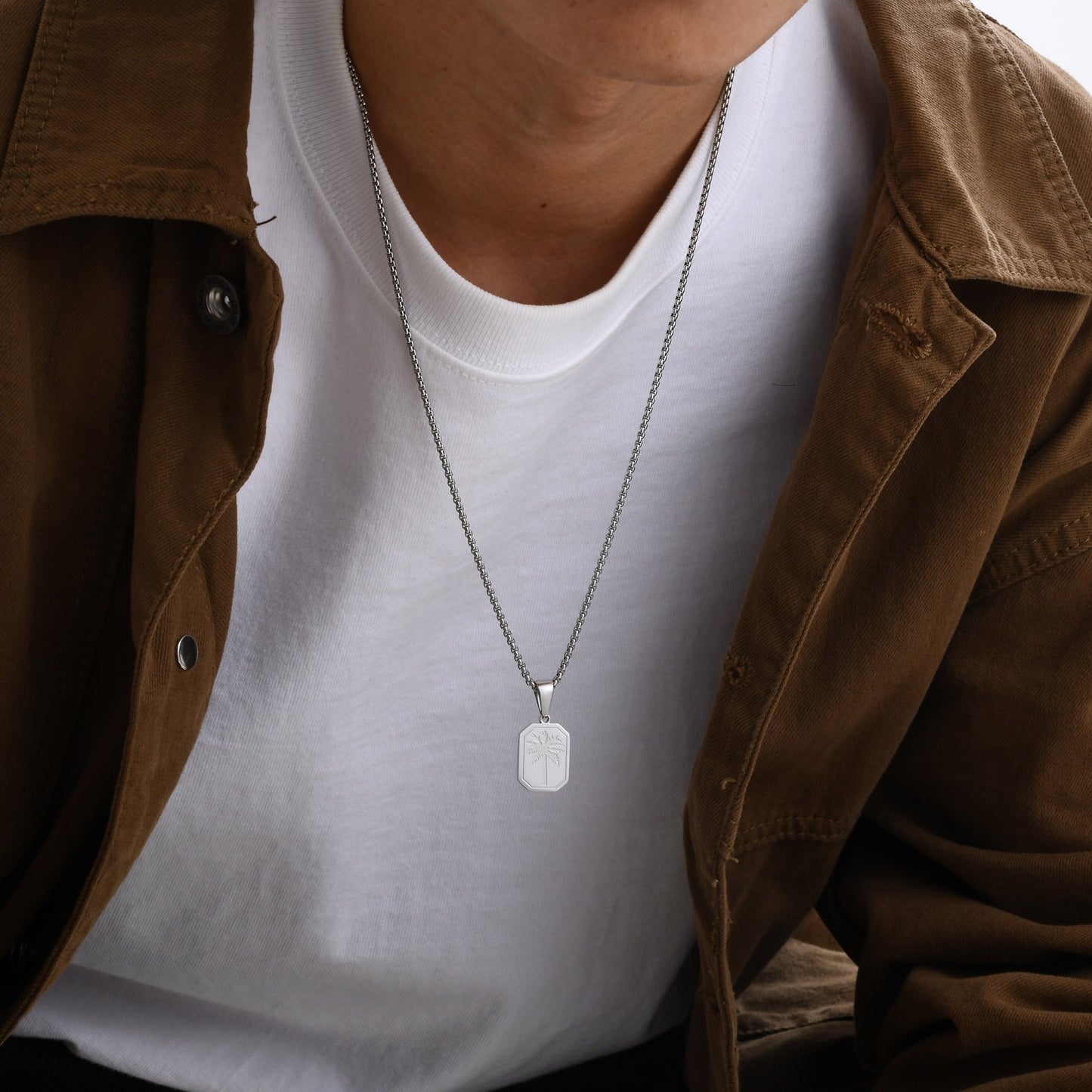 Kemstone Stainless Steel Palm Tree Pendant Necklace – Etched Rectangle Tag, Gold Silver PN-1990