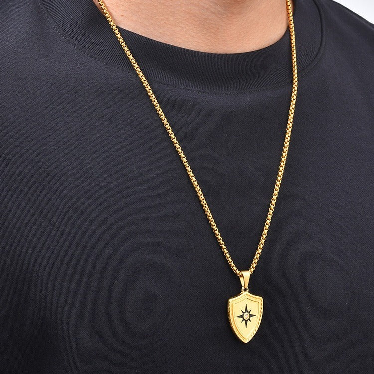 Kemston Eight Point Star Shield Pendant Necklace for Men Stainless Steel PN-2443