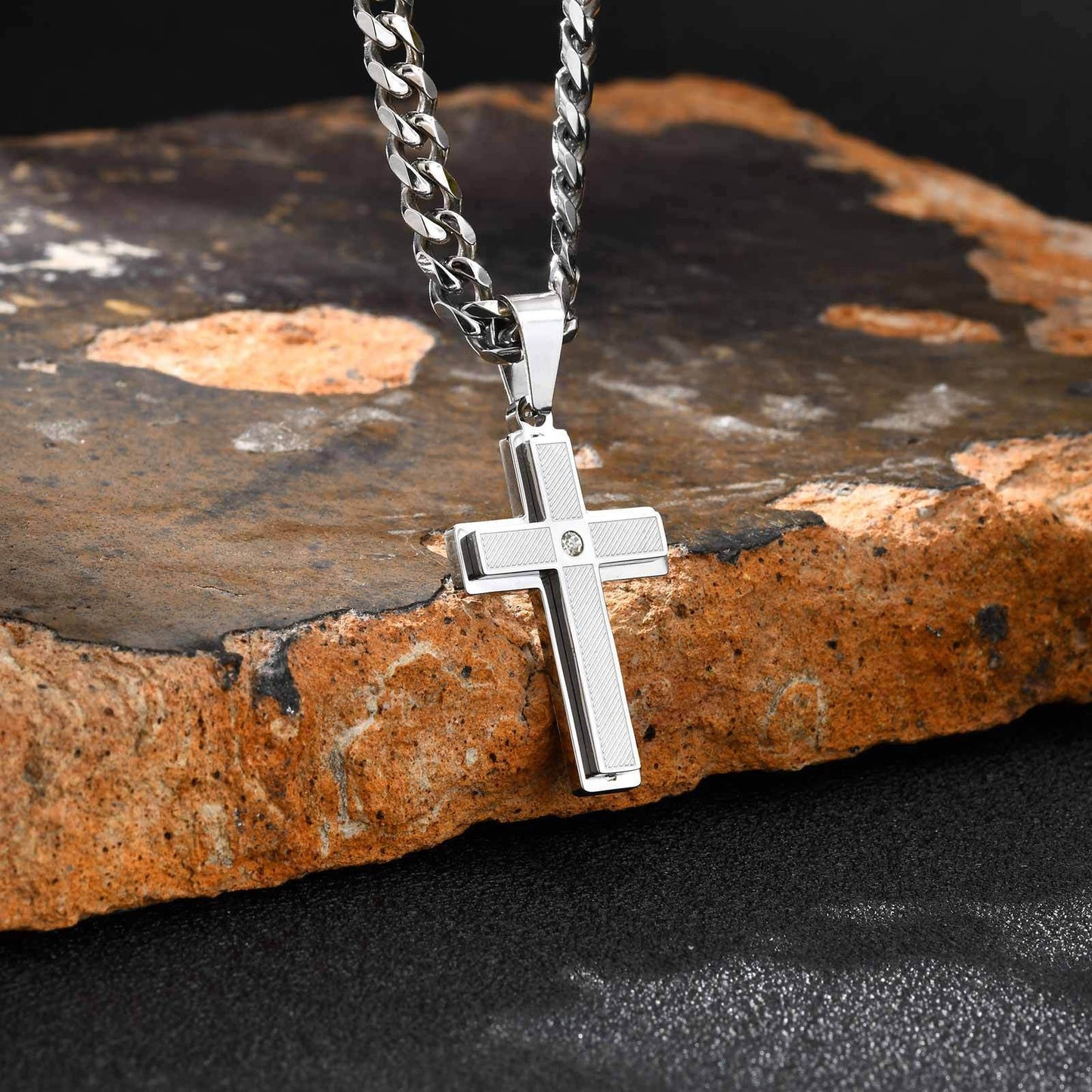 Kemstone Textured Cross Pendant Necklace for Men – Stainless Steel with Cubic Zirconia PN-2237