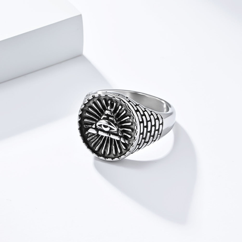 Kemstone Stainless Steel Triangle Eye Signet Ring for Men Vintage Textured K-R852
