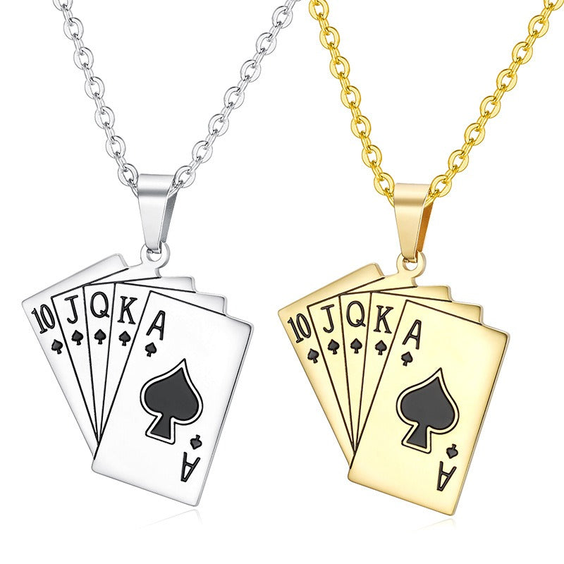 Kemstone Titanium Steel Playing Card Pendant Necklace for Men Five-Card Spade TN0387