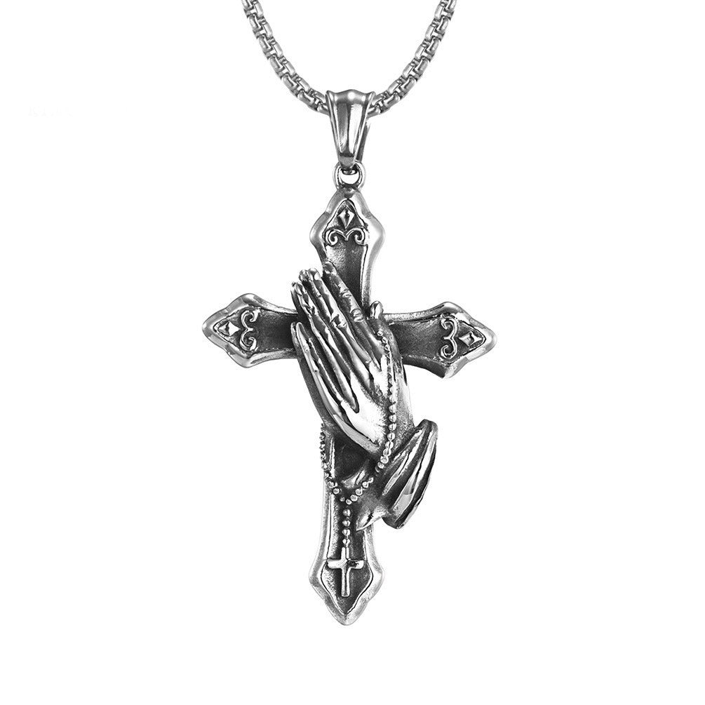 Kemstone Praying Hands Cross Pendant Necklace for Men Stainless Steel Vintage K-PT254