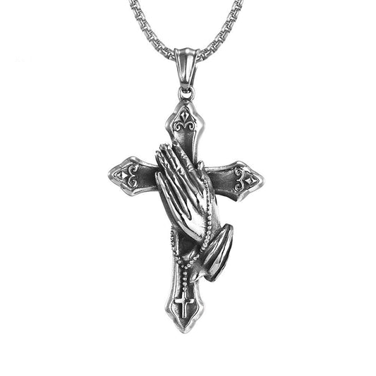 Kemstone Praying Hands Cross Pendant Necklace for Men Stainless Steel Vintage K-PT254