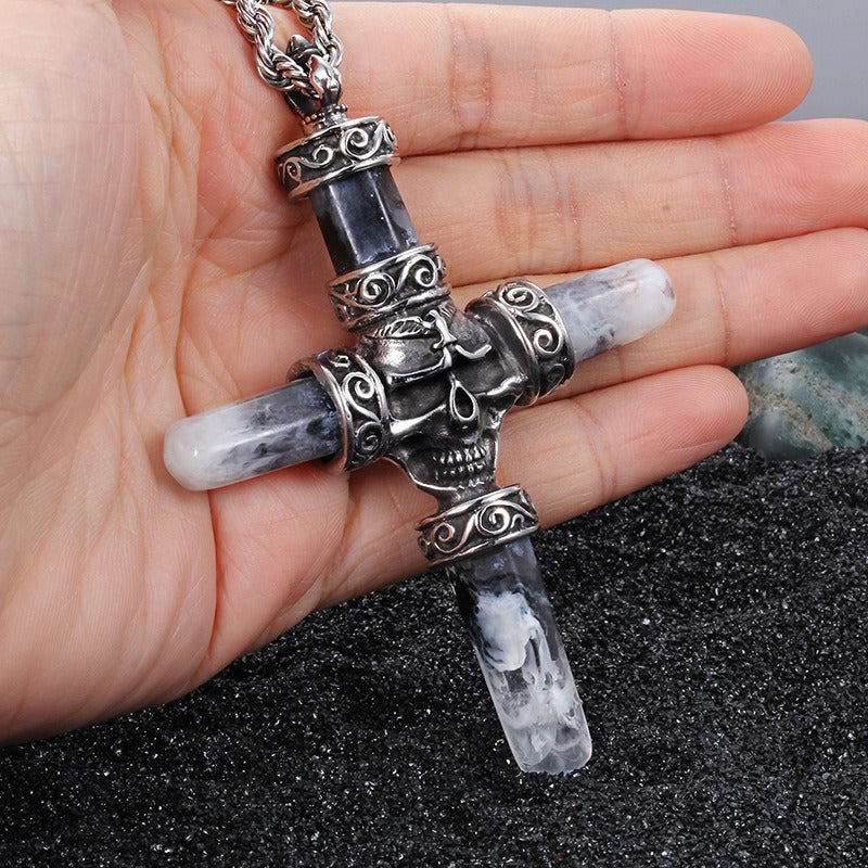 Kemston Titanium Steel Skull Cross Pendant Necklace for Men Gothic Resin Inlay Chain KP42893-BD