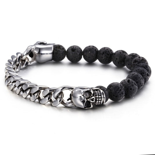 Kemstone Stainless Steel Skull & Volcanic Stone Mala Bracelet – Ethereal Energy Fusion KB66361