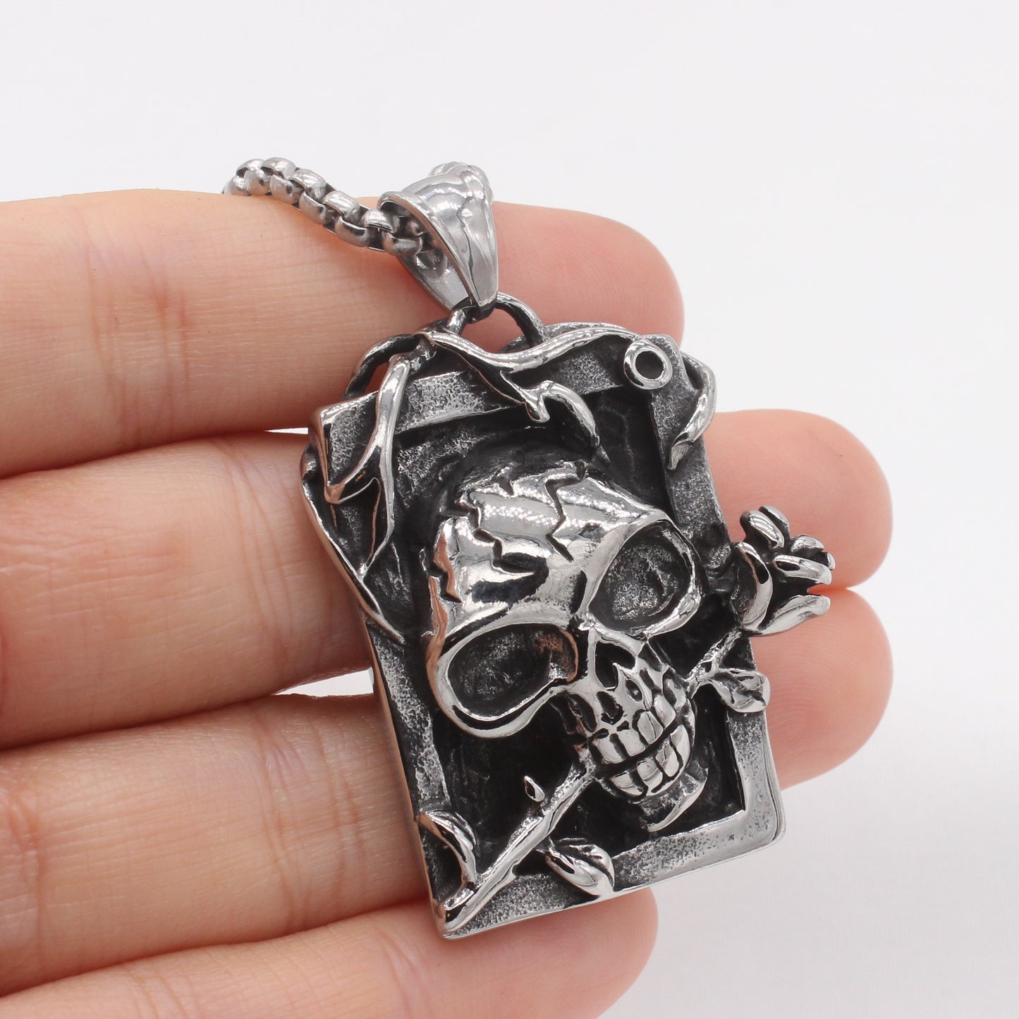 Kemstone Skull and Rose Pendant Necklace for Men Titanium Steel Vintage Relief P1507