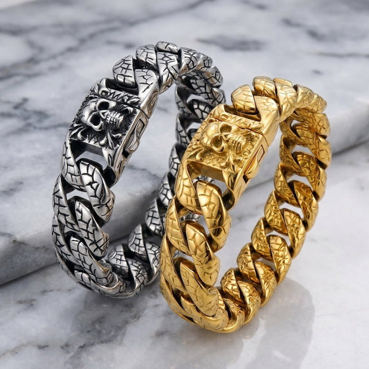 Kemstone Skull Clasp Cuban Link Bracelet for Men Titanium Steel Engraved KP118342-KJX
