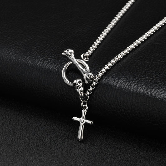 Kemstone Skull Cross Necklace for Men Stainless Steel Punk Silver NC-3215