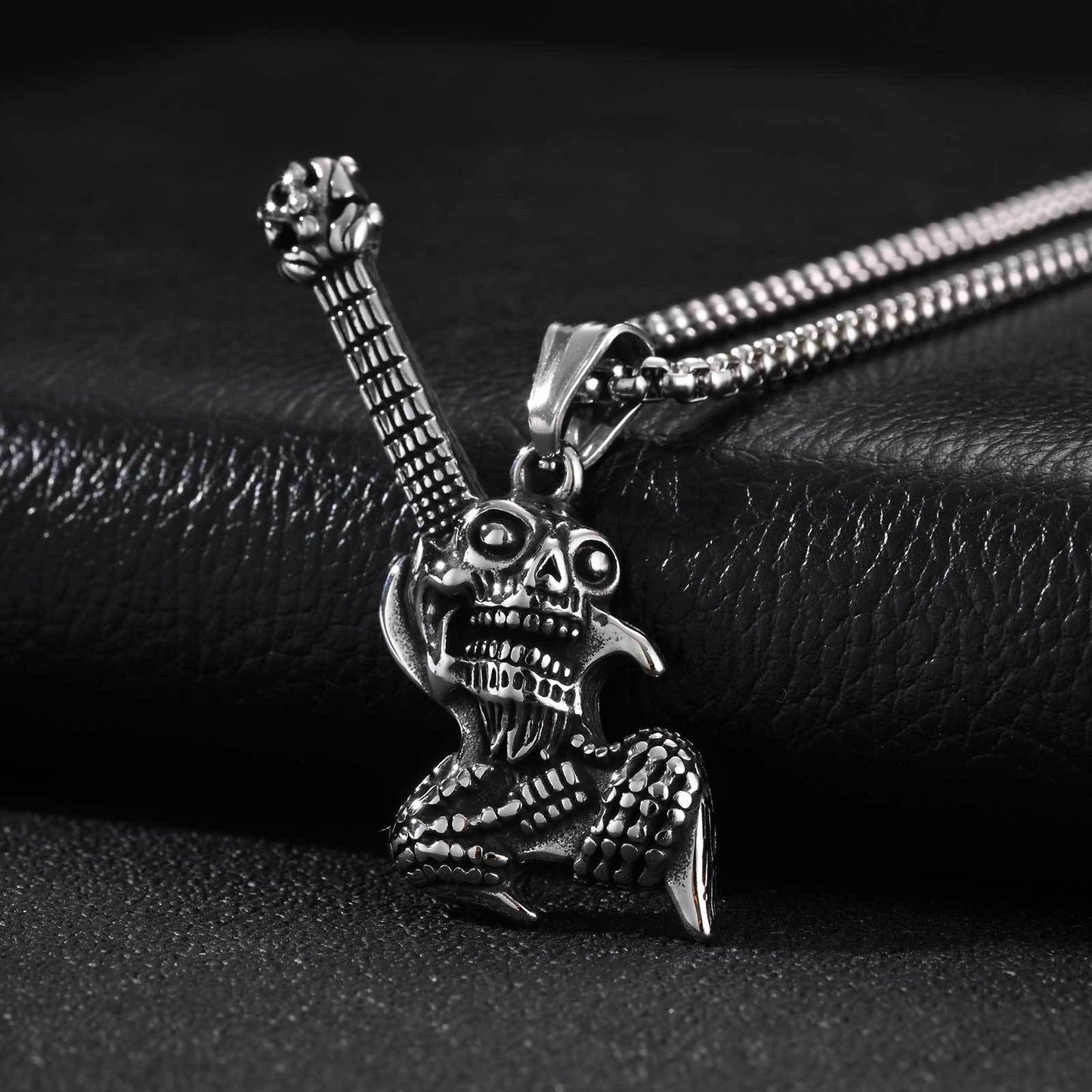 Kemston Skull Guitar Pendant Necklace for Men Stainless Steel Rock Style PN-2461