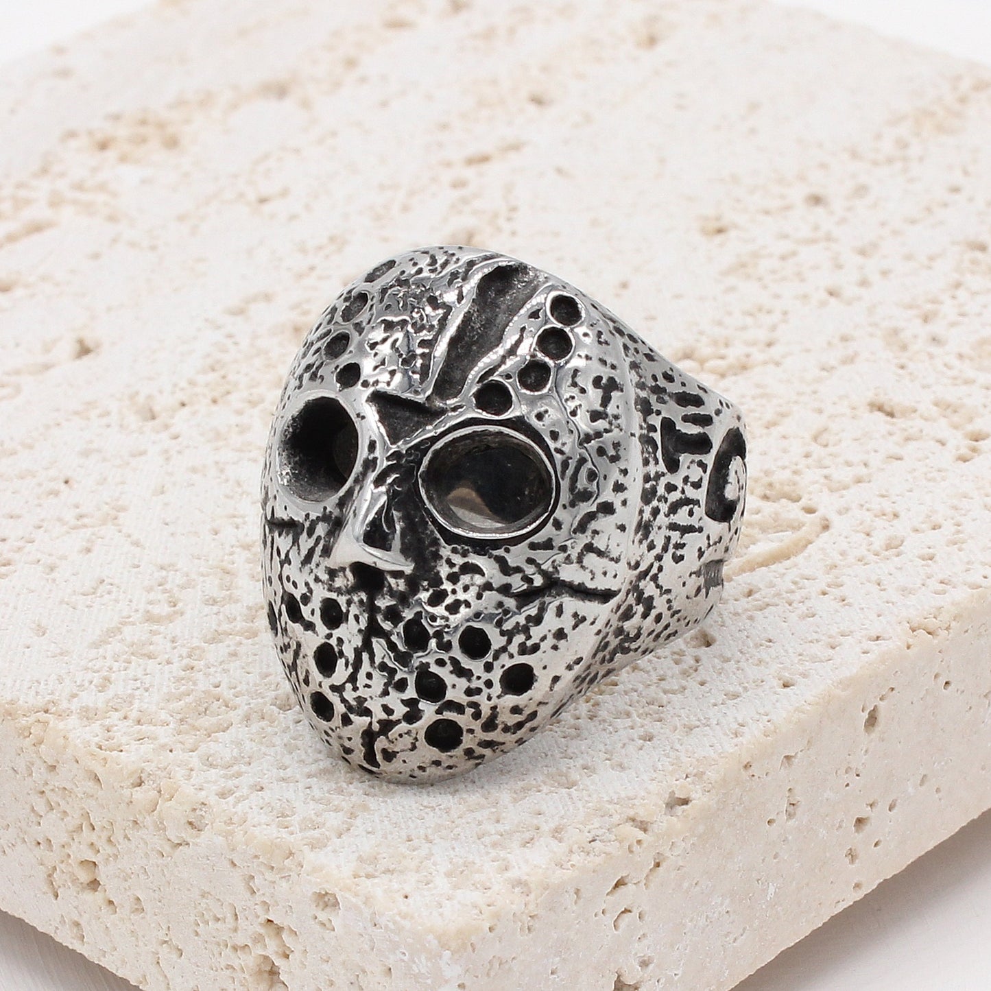 Kemstone Skull Mask Ring for Men Stainless Steel Sculpted Face Gothic Vintage R1073