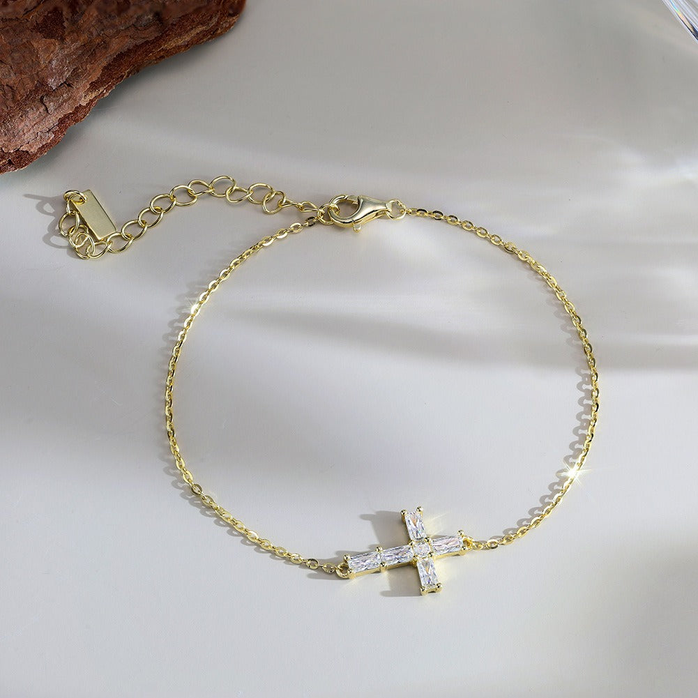 Kemston Moissanite Cross Bracelet for Women 925 Sterling Silver Gold Tone MOB03