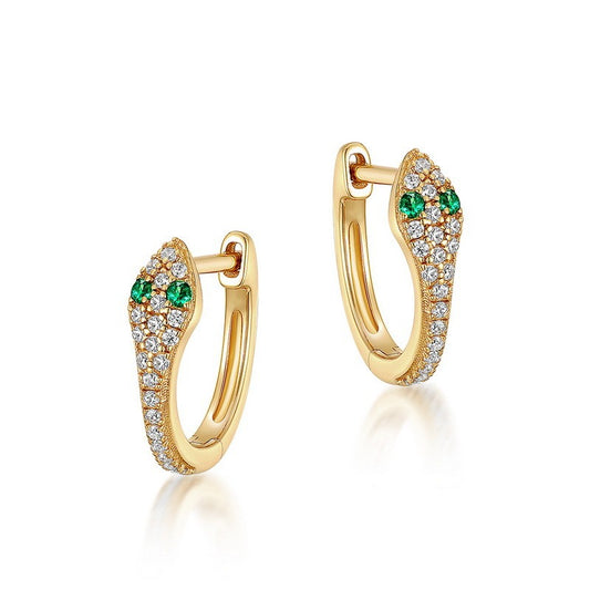 Pendientes de aro con diseño de serpiente, hechos a mano por Kemstone - Plata S925 con nanocircón verde y baño de oro de 9 quilates