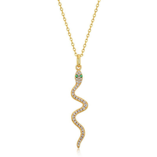 Collar con colgante de serpiente de diseño original hecho a mano por Kemstone - Plata S925 con nanocircón verde y baño de oro de 9 quilates, 45,7 cm