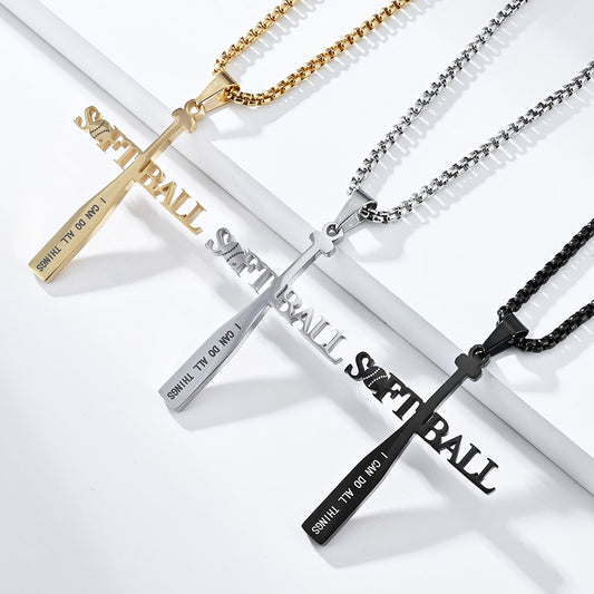 Kemstone Softball Cross Pendant Necklace for Men Stainless Steel Baseball Letter Detail K-PT512