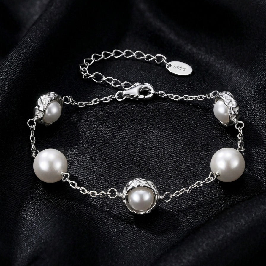 Kemston Spaced Shell Pearl Bracelet for Women 925 Sterling Silver PSB14