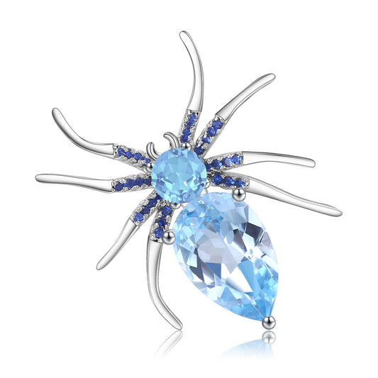 Broche de araña de plata de ley 925 con diseño original artesanal de Kemstone y topacio azul cielo de 5,36 ct - Joyería de la serie Insectos, K245024P