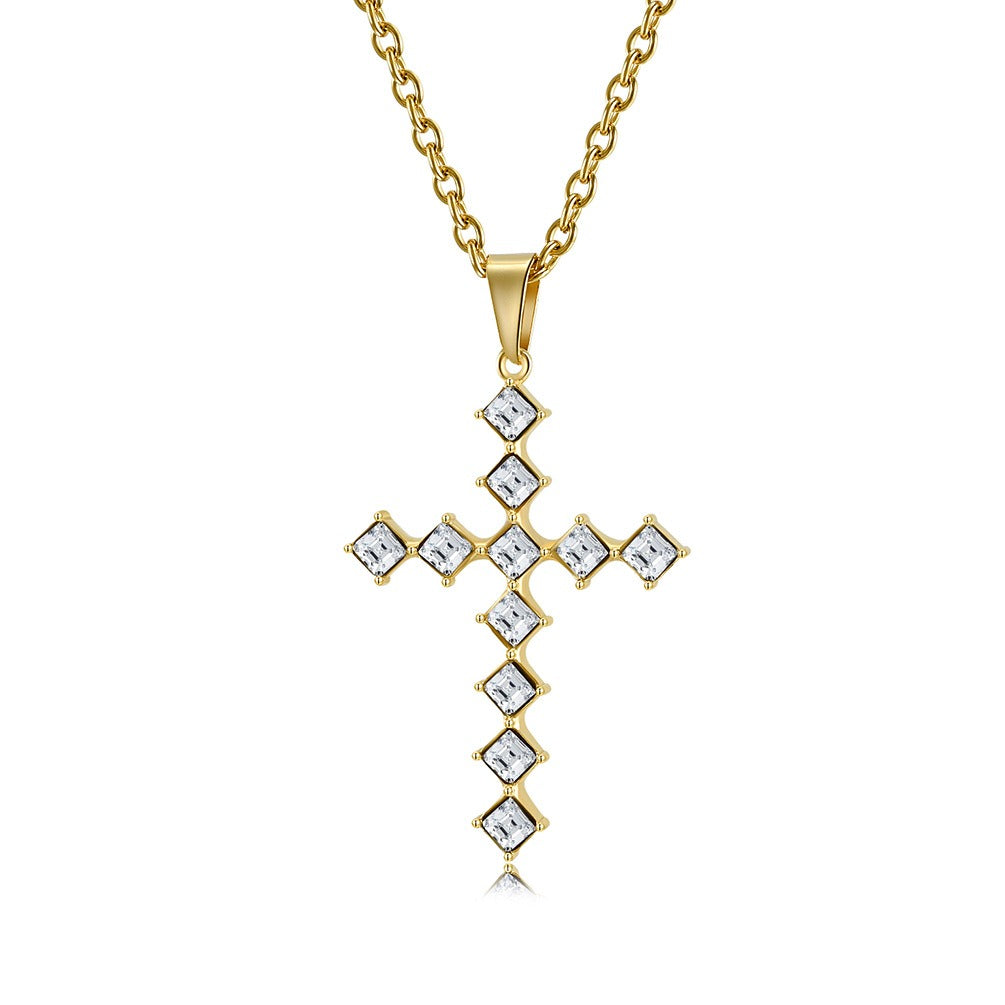 Kemstone Square Cubic Zirconia Cross Pendant Necklace for Men Stainless Steel K-PT502