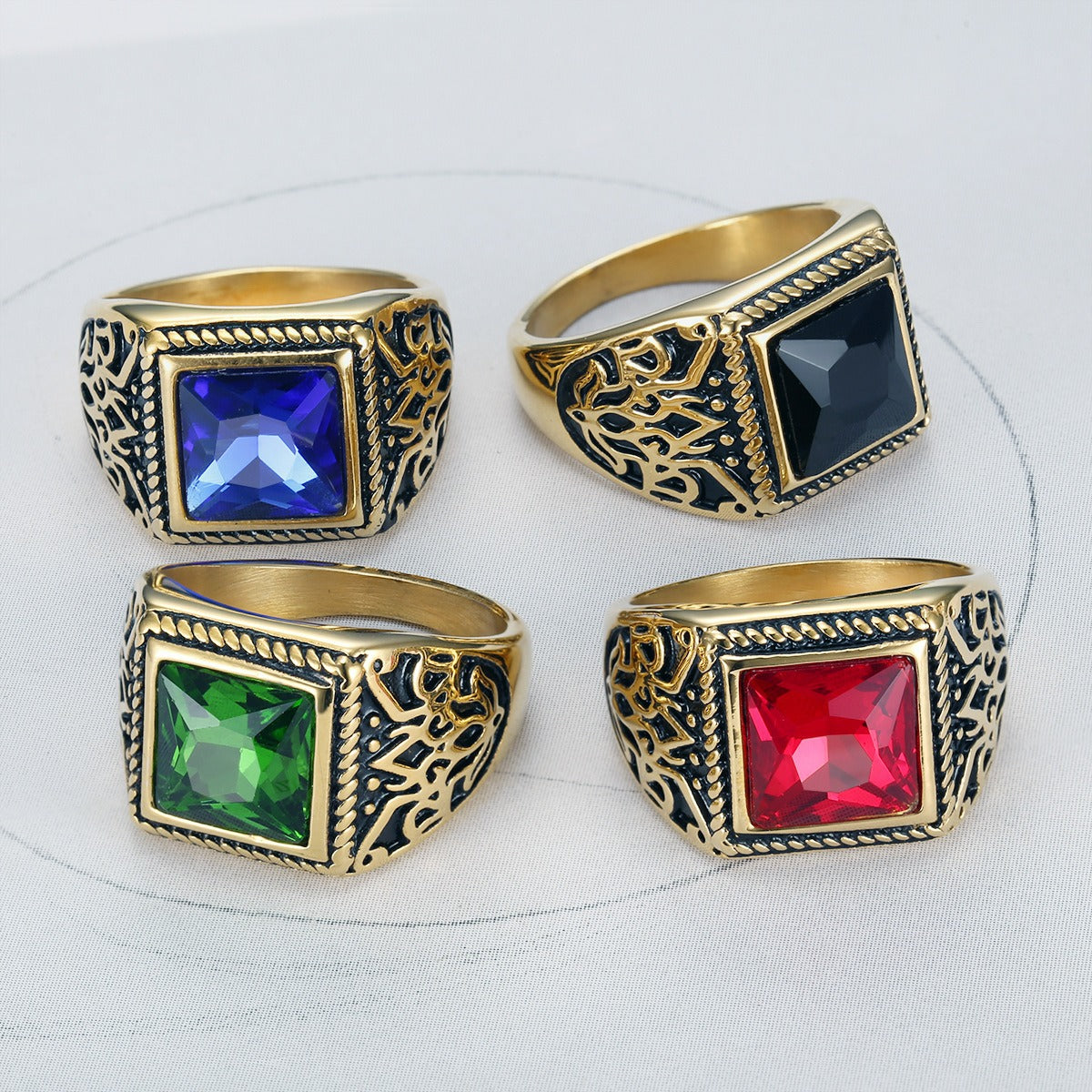 Kemstone Square Cubic Zirconia Ring for Men Stainless Steel Engraved Vintage TR0280