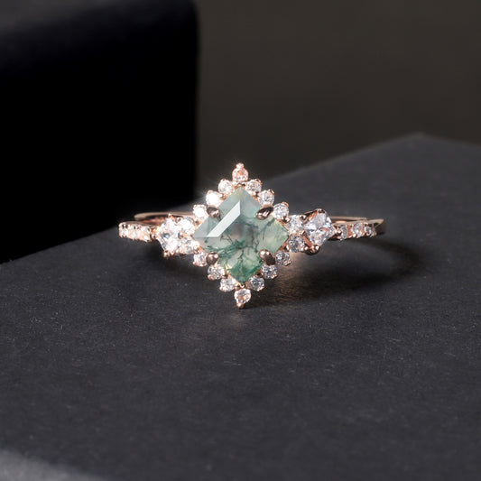 Anillo de compromiso de ágata musgosa de plata de ley 925 con corte cuadrado de 5 x 5 mm, diseño original artesanal de Kemstone para mujer