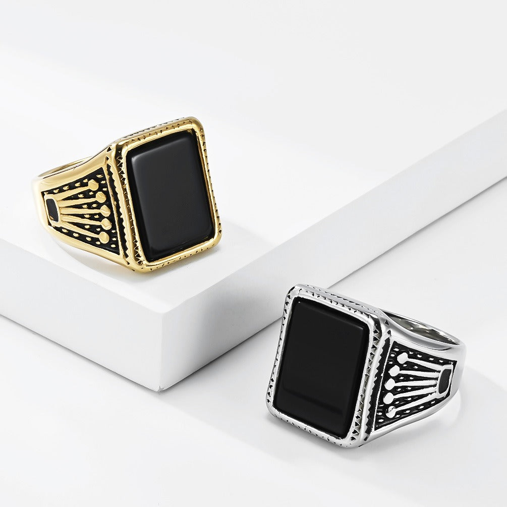 Kemstone Square Black Stone Signet Ring for Men Stainless Steel Vintage Crown Detail K-R1213