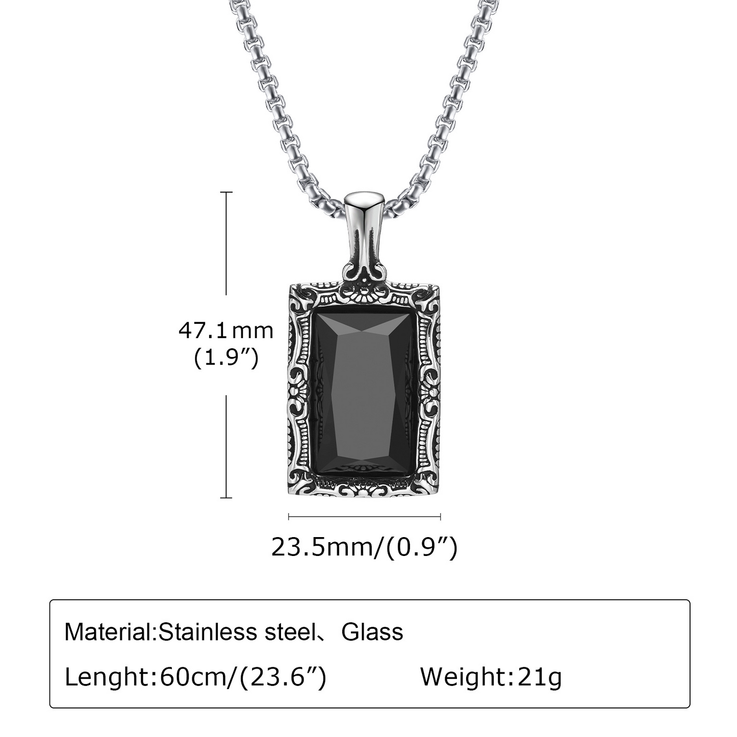 Kemstone Stainless Steel Black Glass Square Pendant Necklace for Men – Vintage Ornate Frame PN-1907