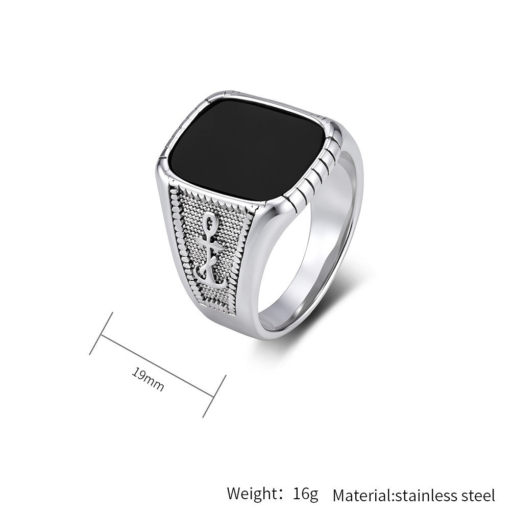 Kemstone Anchor Square Signet Ring for Men Stainless Steel Vintage Stone Detail K-R1212