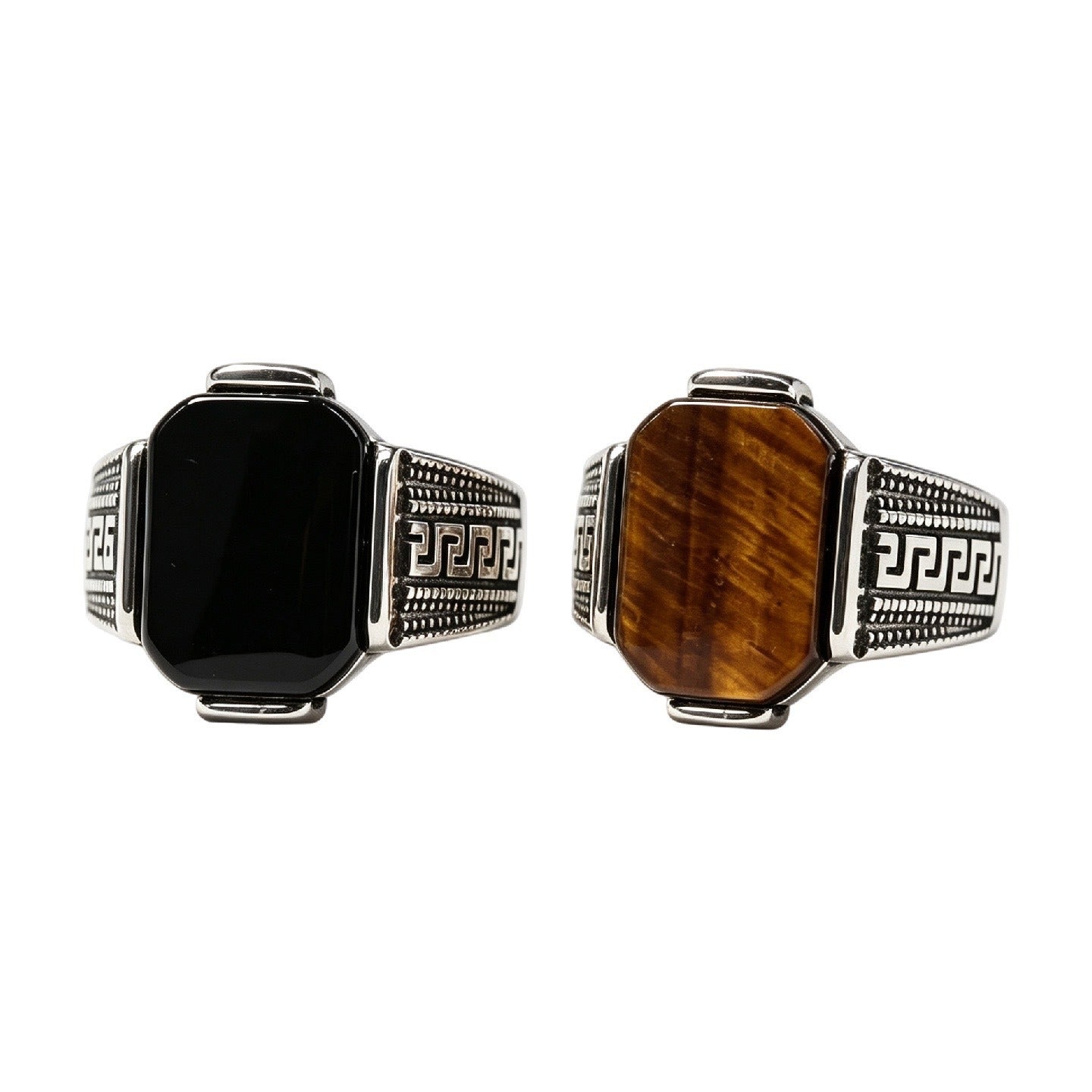 Kemston Square Tiger Eye Signet Ring for Men Titanium Steel Vintage Texture R7012